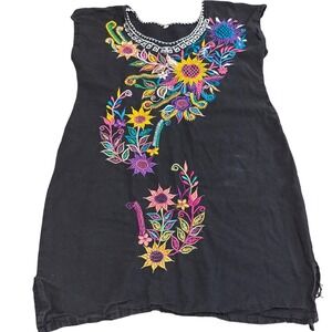 Mexican Fiesta Dress/Tunic Floral Embroidery No Sleeves Mini Dress Boho Folk Art